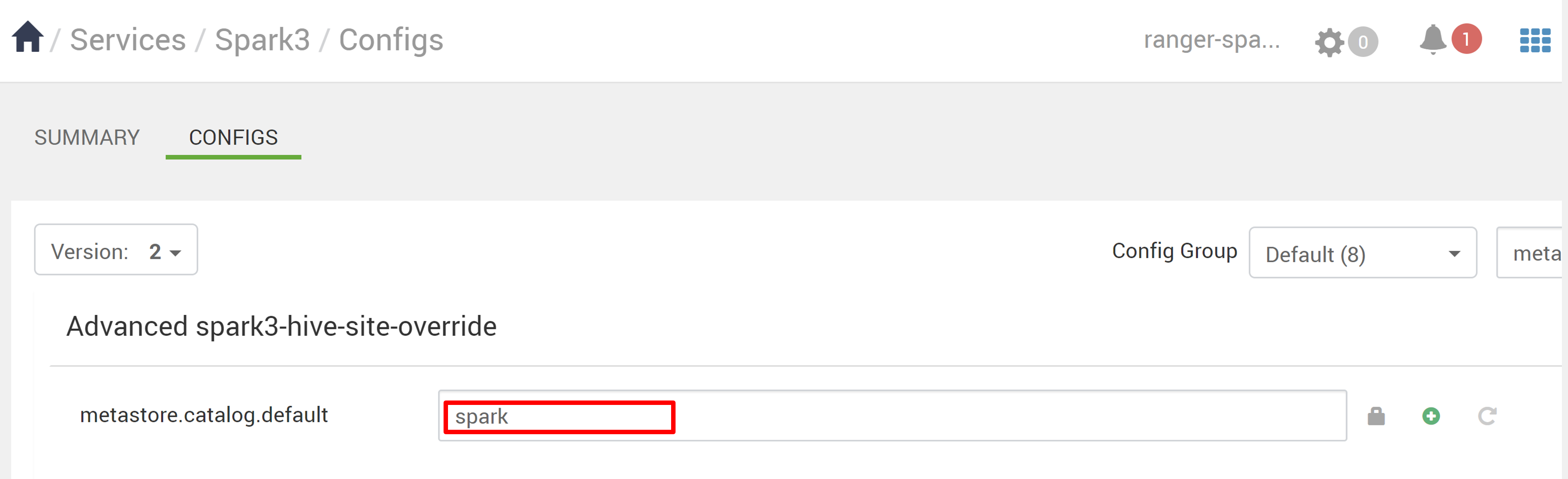 显示更改元存储配置的屏幕截图。
