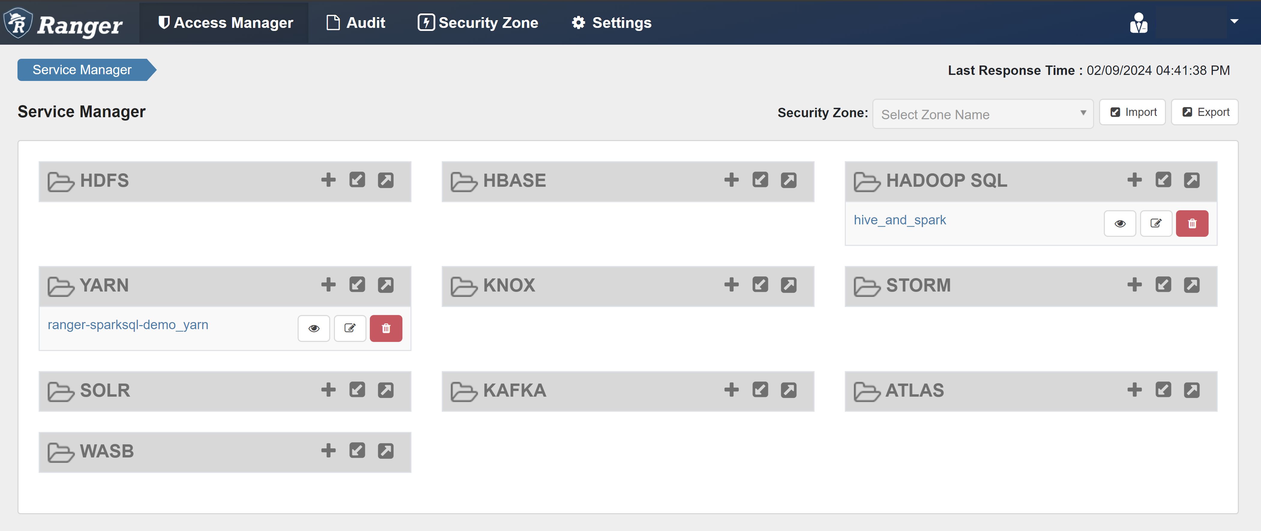 显示 Ranger 用户界面中的 Service Manager 页的屏幕截图。