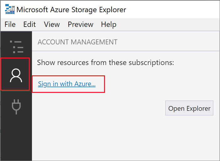屏幕截图显示如何将 Azure 帐户添加到 Azure 存储资源管理器。