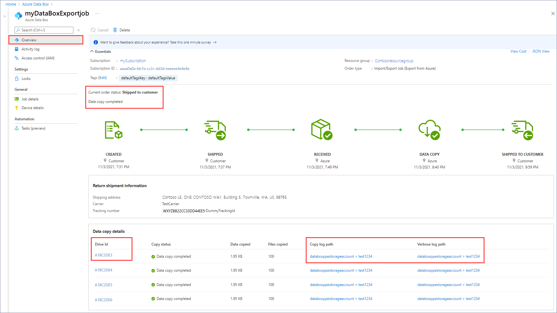 Azure 门户中导入导出作业的概述的屏幕截图。突出显示了订单状态、数据复制状态和驱动器的日志 URL。