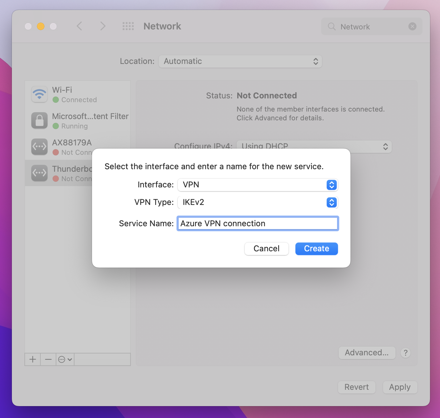 屏幕截图显示“网络”窗口,其中包括用于选择接口、选择 VPN 类型和输入服务名称的选项。