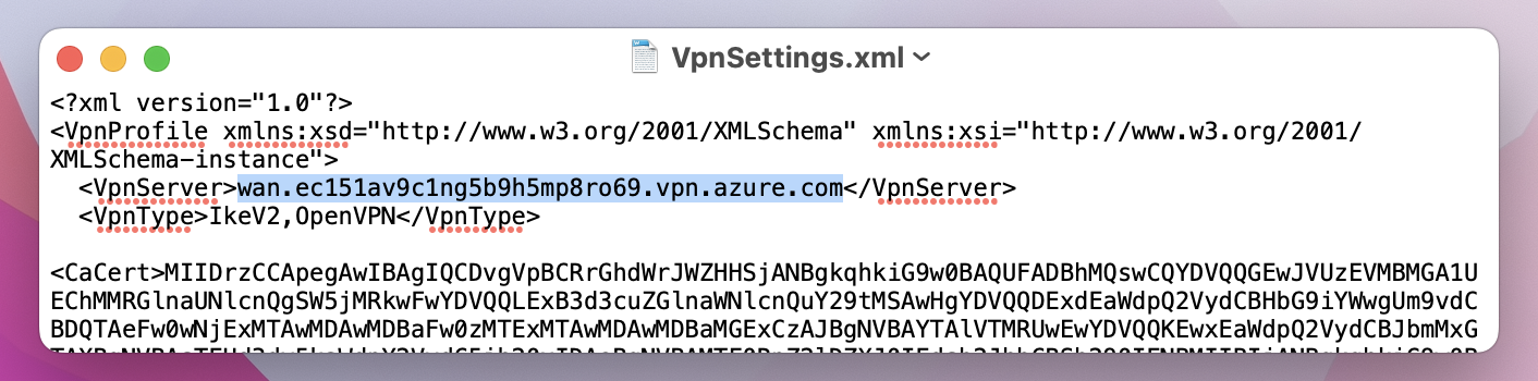 屏幕截图显示了打开的 VpnSettings.xml 文件,其中突出显示了 VpnServer 标记。