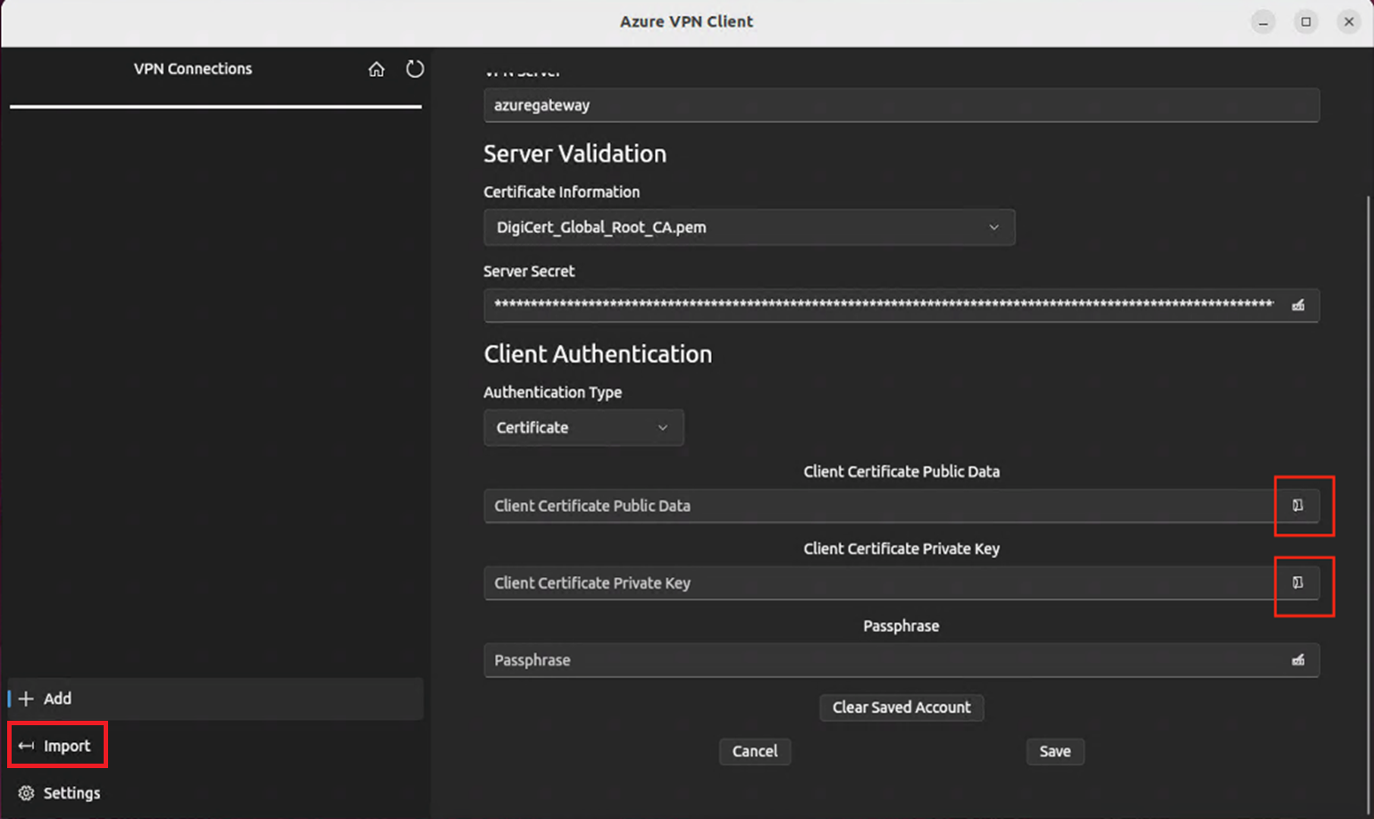 适用于 Linux 的 Azure VPN 客户端导入操作的屏幕截图。