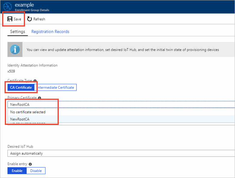 Screenshot that shows selecting a new uploaded certificate for an enrollment group.