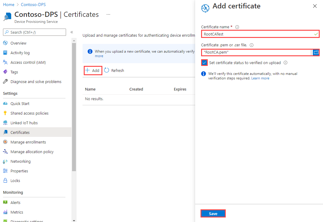Screenshot that shows adding the root CA certificate to a DPS instance.