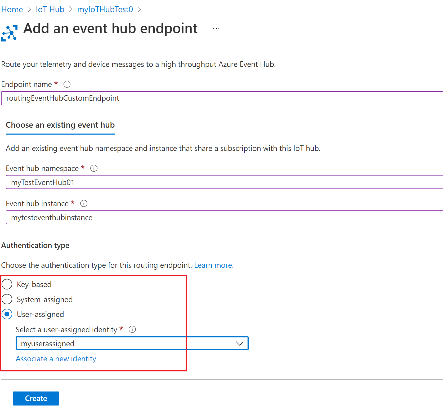 Screenshot that shows event hub endpoint with user assigned authentication.