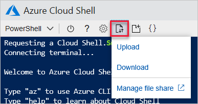 Cloud Shell 菜单栏，其中已突出显示“上传/下载文件”
