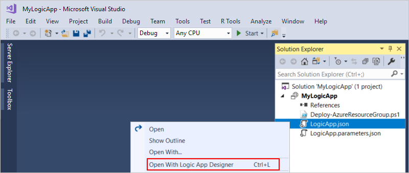 屏幕截图，显示具有打开的逻辑应用 .json 文件的工作流设计器。