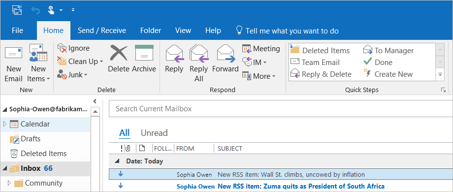 屏幕截图，显示为每个新 RSS 项目发送的示例 Outlook 电子邮件
