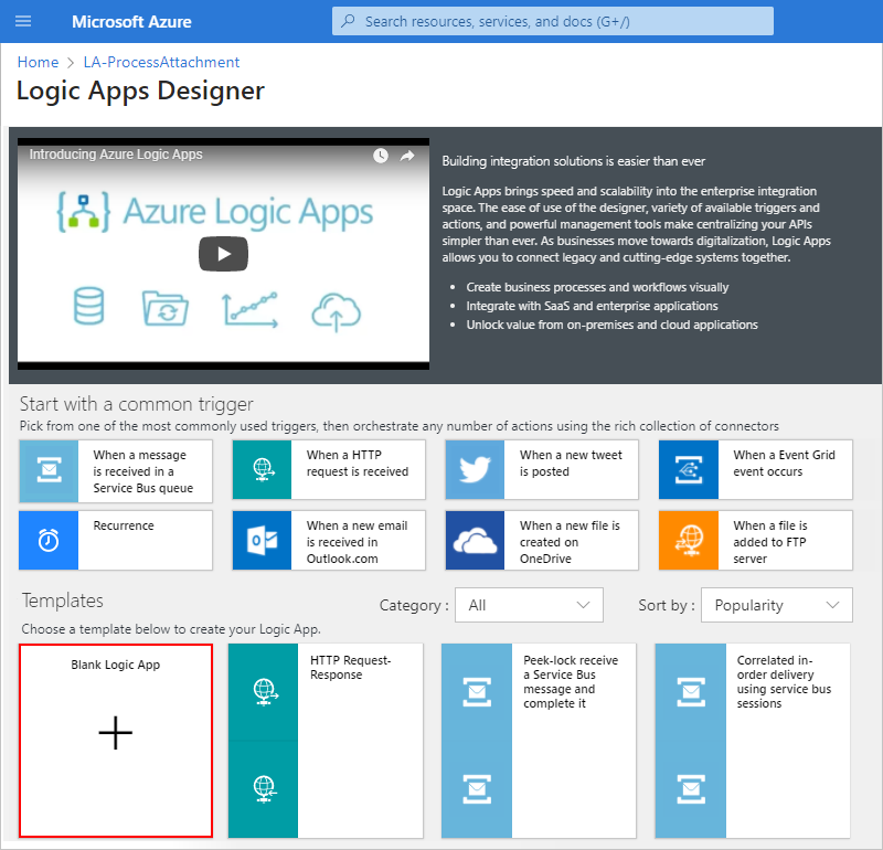 Screenshot showing Azure portal, Consumption workflow designer, and blank logic app template selected.