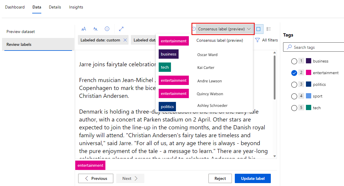 屏幕截图显示选择“共识标签”下拉菜单以审查有冲突的标签。