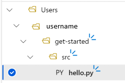 文件夹结构显示 src 子文件夹中的 hello.py。