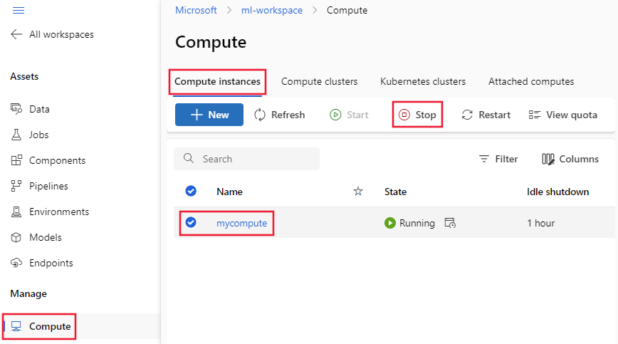 Screenshot of stop button for compute instance