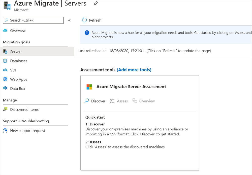 屏幕截图显示默认添加的“Azure Migrate: 发现和评估”工具。
