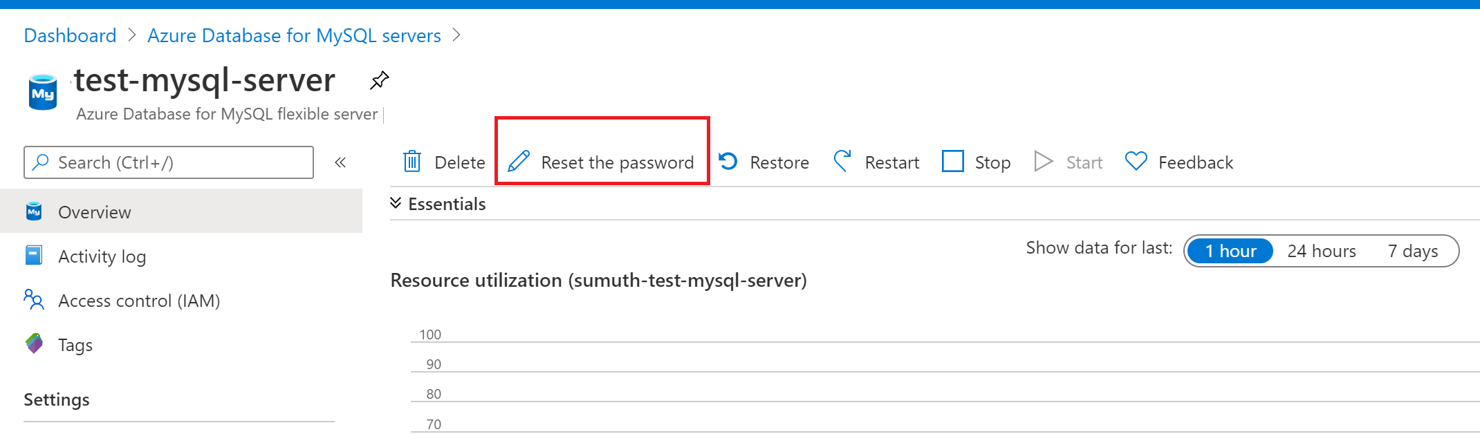 Reset your password for Azure Database for MySQL flexible server.