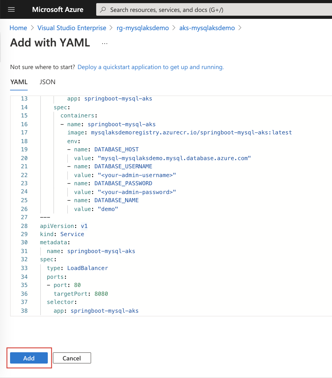 Screenshot that shows Add with YAML editor.