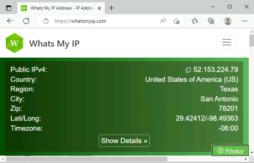 出站 IP 地址的屏幕截图。