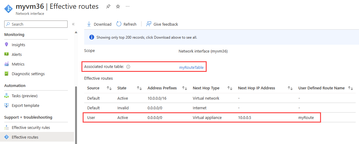 Screenshot the effective routes after overriding Azure default system routes using a custom route.