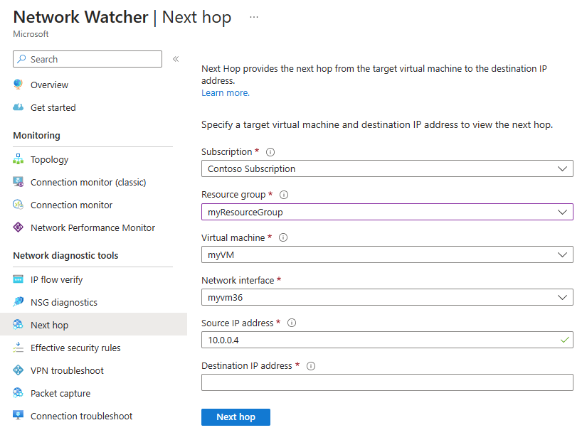 Screenshot of Azure Network Watcher next hop view in Azure portal.