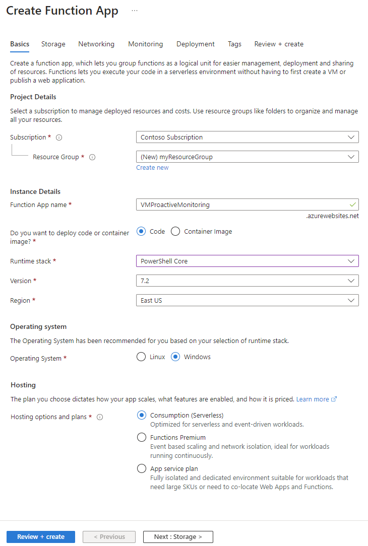 Azure 门户中“创建函数应用”页的屏幕截图。