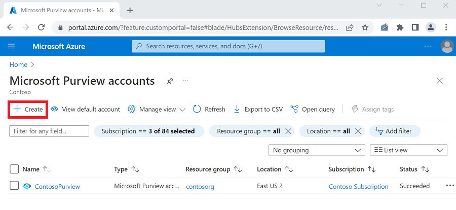 Microsoft Purview 帐户页面的屏幕截图，其中在 Azure 门户中突出显示了“创建”按钮。