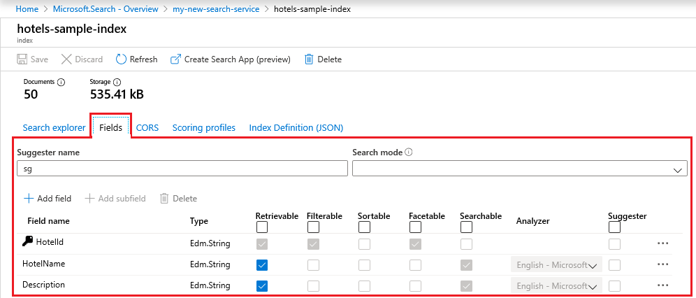 Screenshot of the sample index definition in Azure portal.