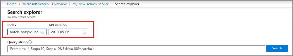 Screenshot of the Index and API selection lists in Search Explorer.