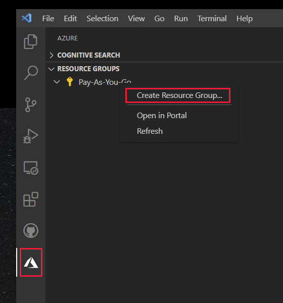 Screenshot of Visual Studio Code, in Azure explorer, showing **Create Resource Group** option.