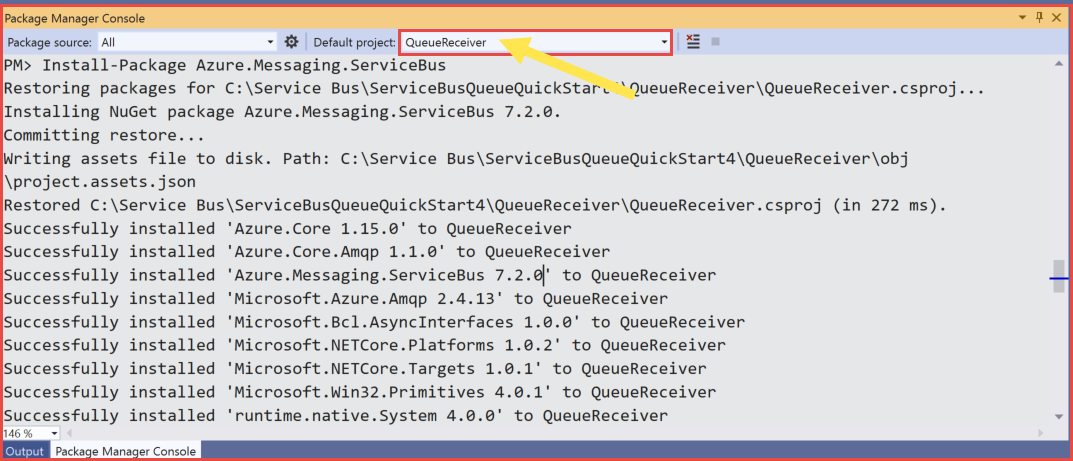 Screenshot showing QueueReceiver project selected in the Package Manager Console