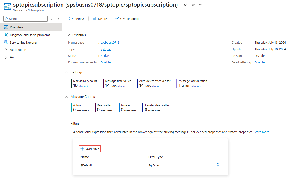 显示“服务总线订阅”页面的屏幕截图,其中突出显示了“筛选器”部分。
