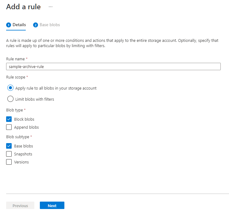 Screenshot showing how to configure a lifecycle management policy - Details tab.