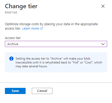 Screenshot showing how to set a blob's tier to Archive in the Azure portal