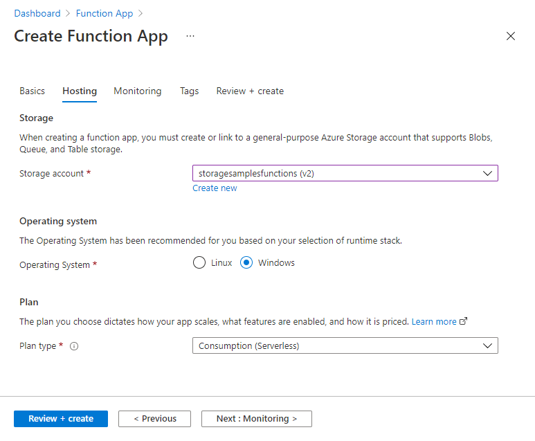 显示如何在 Azure 中创建新的函数应用 -“托管”选项卡的屏幕截图