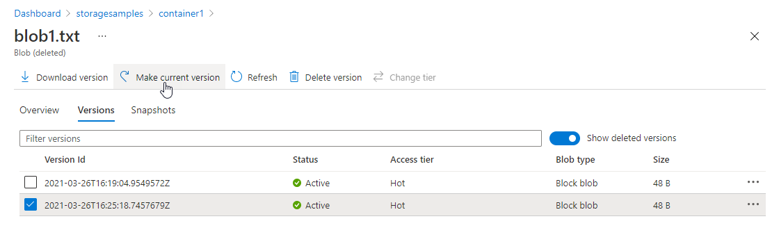 Screenshot showing how to promote a version to restore a blob in Azure portal