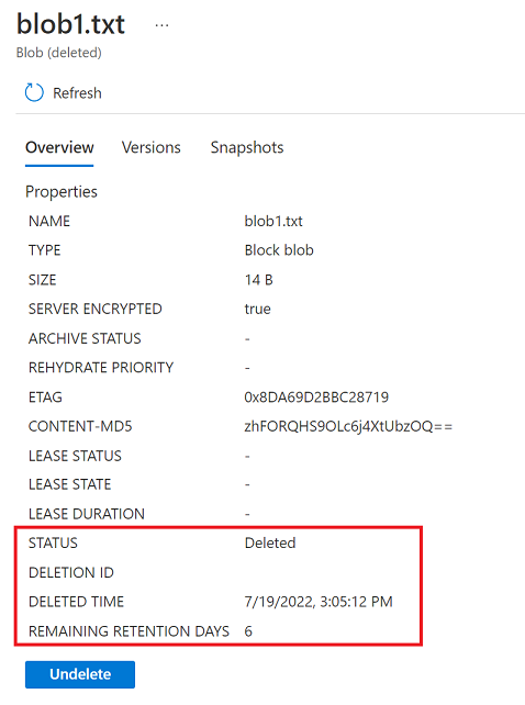 Screenshot showing properties of soft-deleted blob in Azure portal