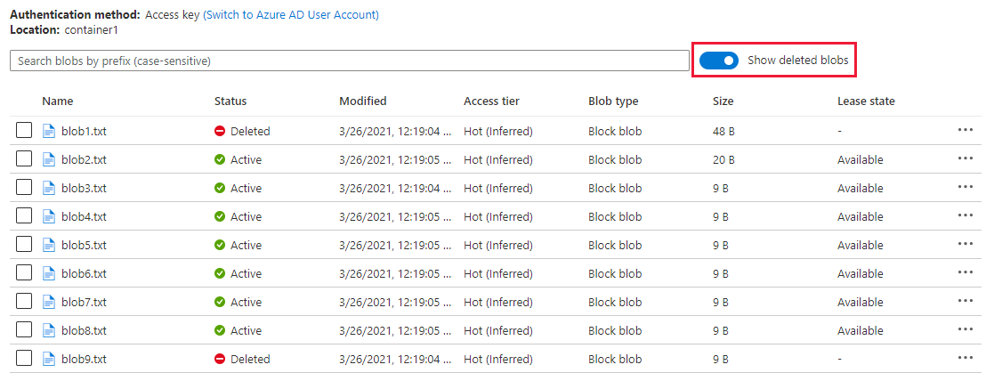 Screenshot showing how to list soft-deleted blobs in Azure portal