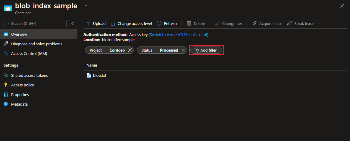Screenshot of the Azure portal showing how to Filter and find tagged blobs using index tags