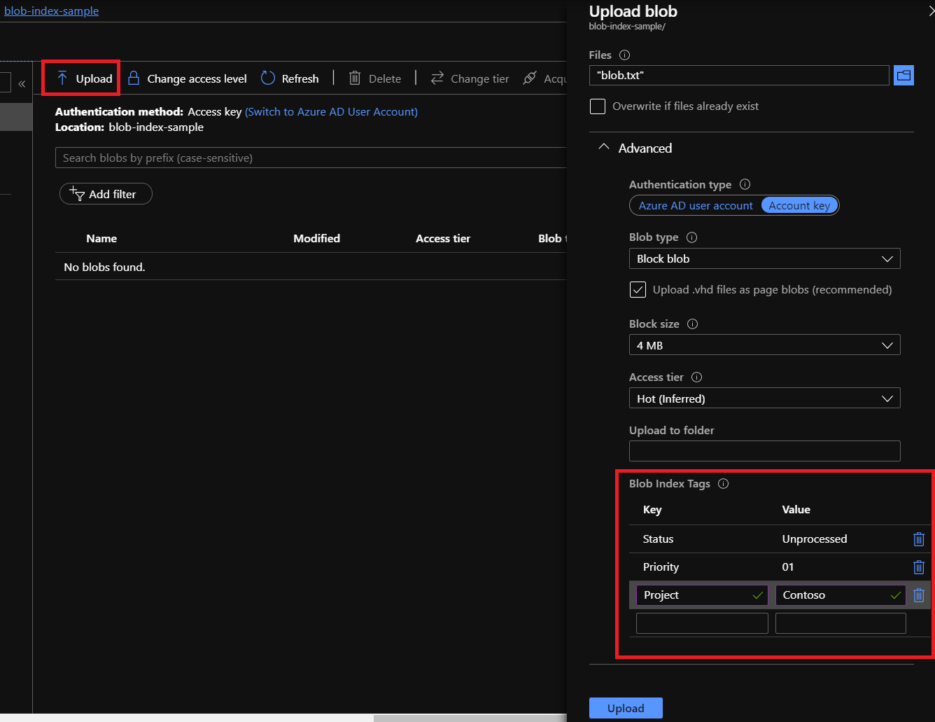 Screenshot of the Azure portal showing how to upload a blob with index tags.