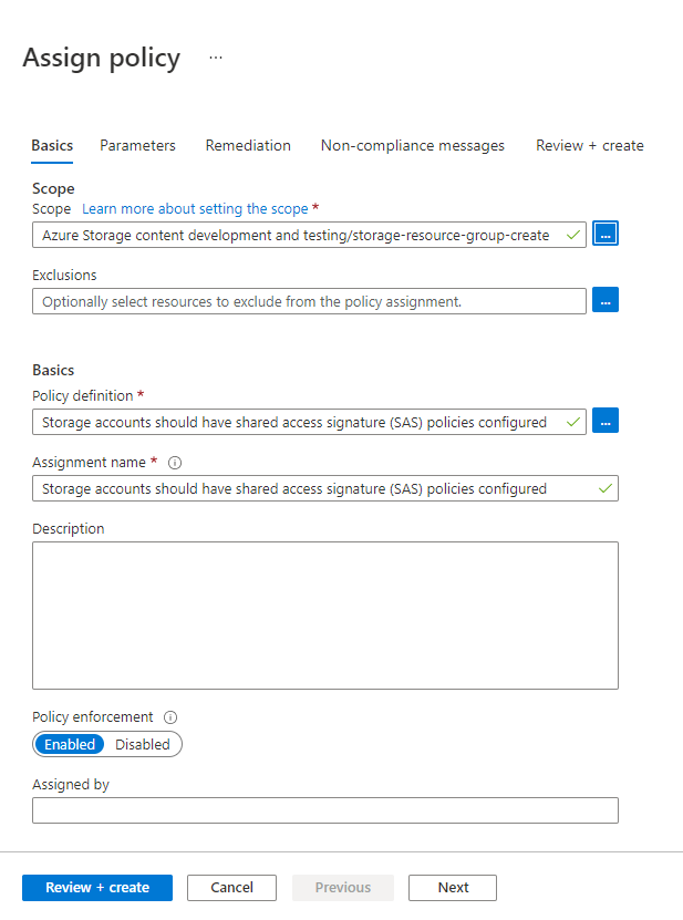 Screenshot showing how to create the policy assignment