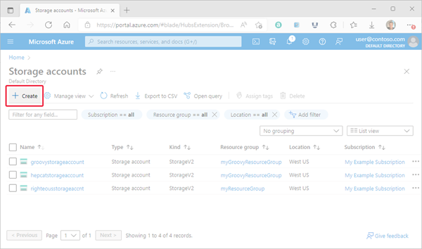 Image showing the location of the create button within the Azure Portal Storage Accounts page.