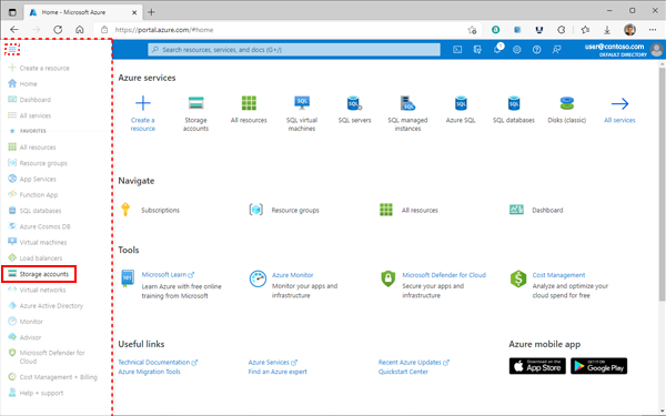 Azure 门户主页的图像，显示了浏览器左上角附近的“菜单”按钮的位置。
