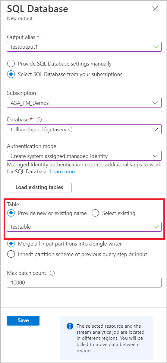 Screenshot showing SQL DB output configuration in Stream Analytics.