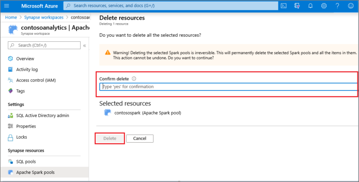 Azure 门户中用于删除所选 Apache Spark 池的“确认”对话框屏幕截图。