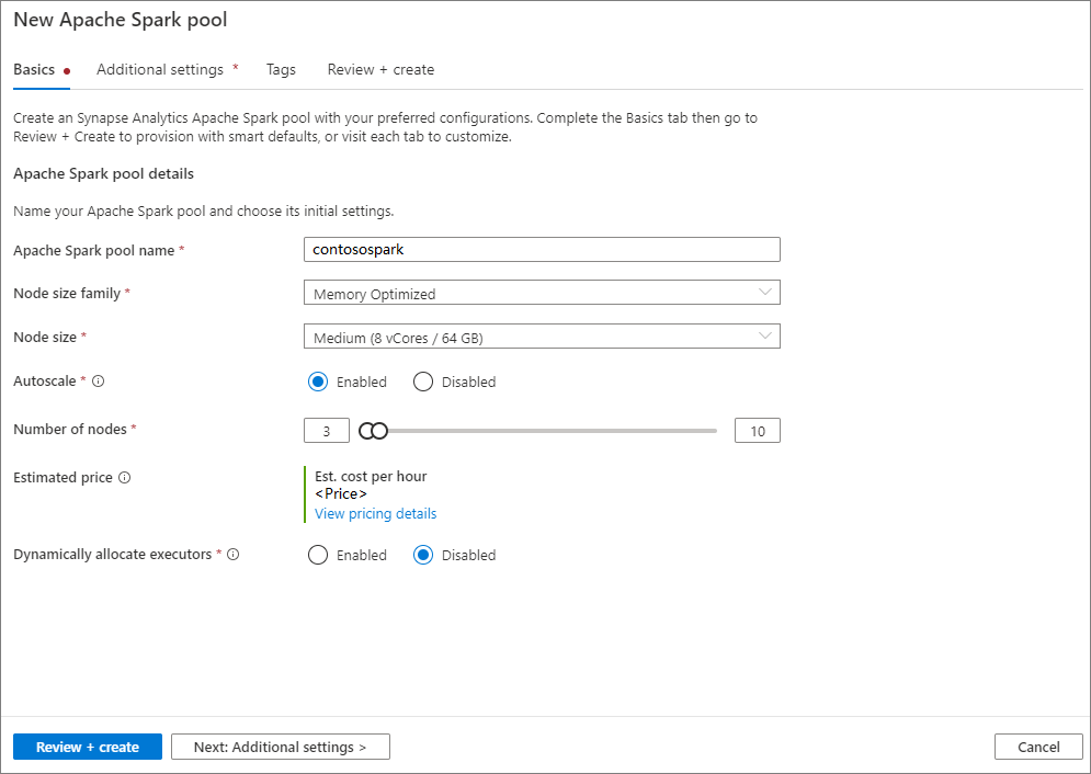 屏幕截图显示 Azure 门户中 Synapse Studio 新 Apache Spark 池的基本信息。