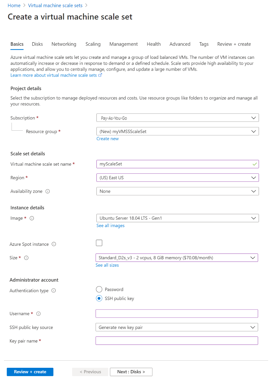 Image shows create options for scale sets in the Azure portal.