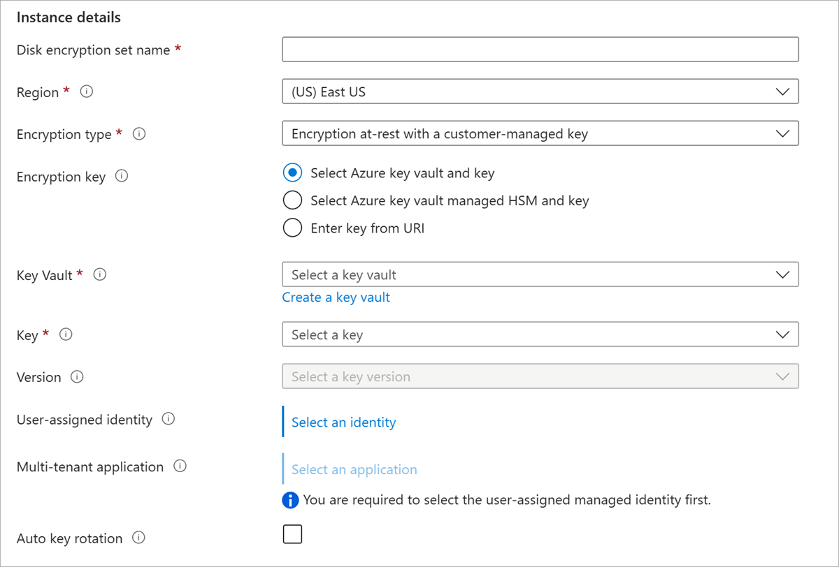 “磁盘加密创建”窗格的屏幕截图。显示订阅、资源组、磁盘加密集名称、区域以及密钥保管库 + 密钥选择器。