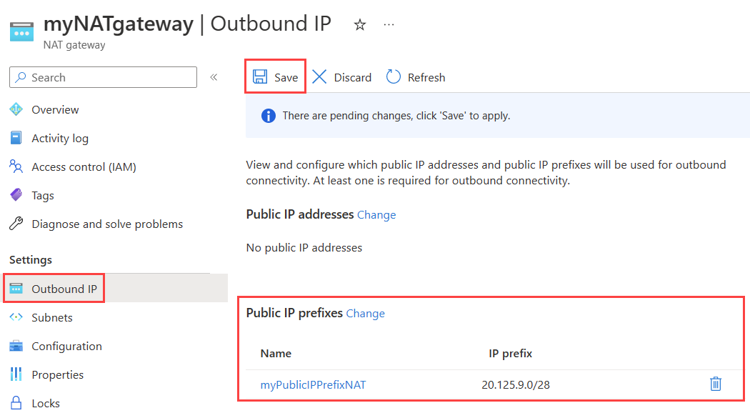 Screenshot of the NAT gateway Outbound IP configuration page showing the new public IP prefix.