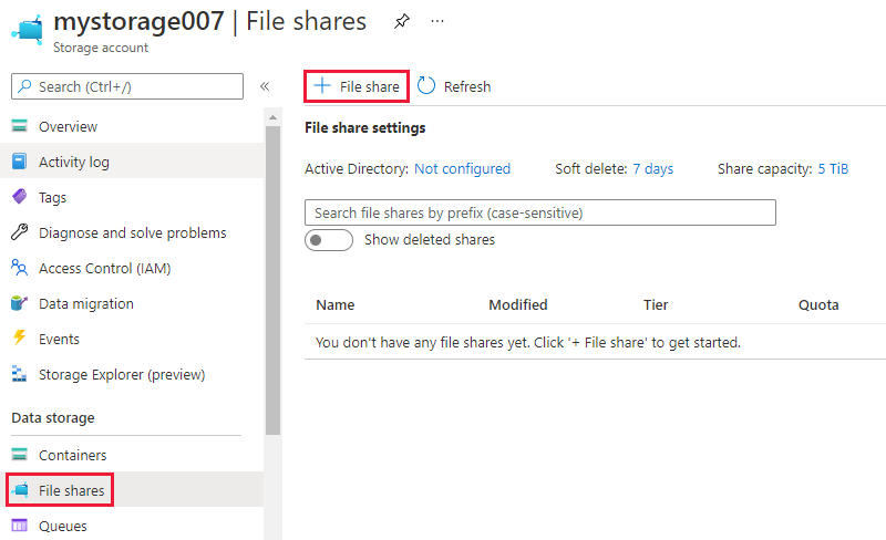 存储帐户中“文件共享”页的屏幕截图。