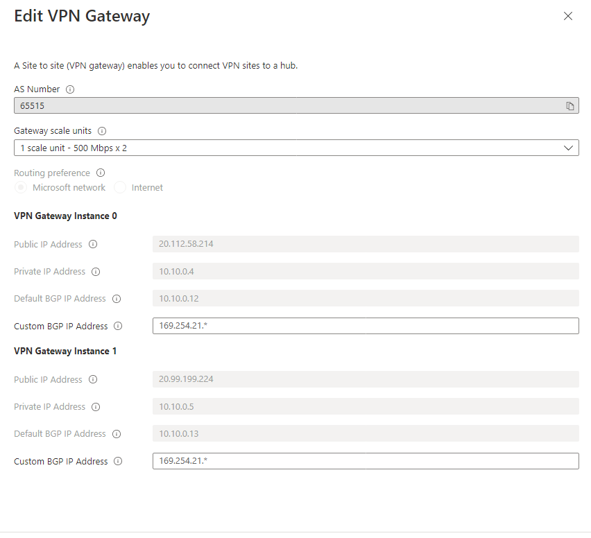 Screenshot that shows an example site-to-site V P N gateway configuration.