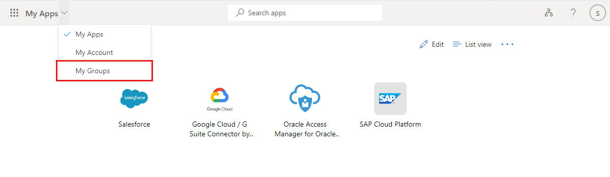 显示访问面板中的“组”应用的屏幕截图。